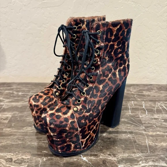 Jeffrey Campbell Big Lita Calf Hair Leather Leopard Print Platform Booties